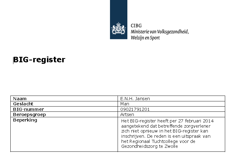 Definitief: Jansen (Steur) nooit meer in BIG-register